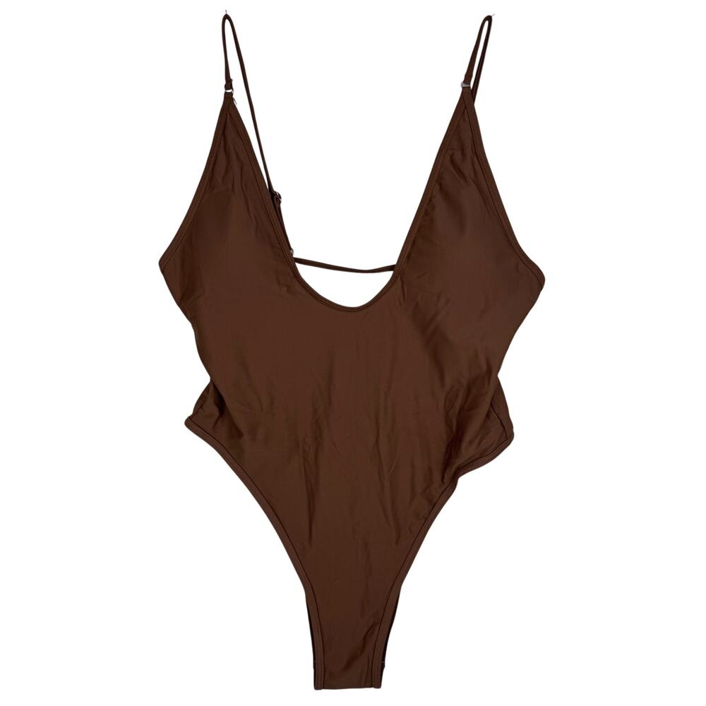 NWOT Brown One Piece Swimsuit with Plunging Neckline and Cheeky Bottom Sz XXL